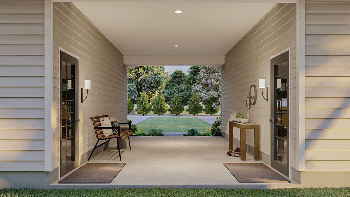 House plan exterior: Covered porch with double doors, bench, table, and view of lawn and trees.