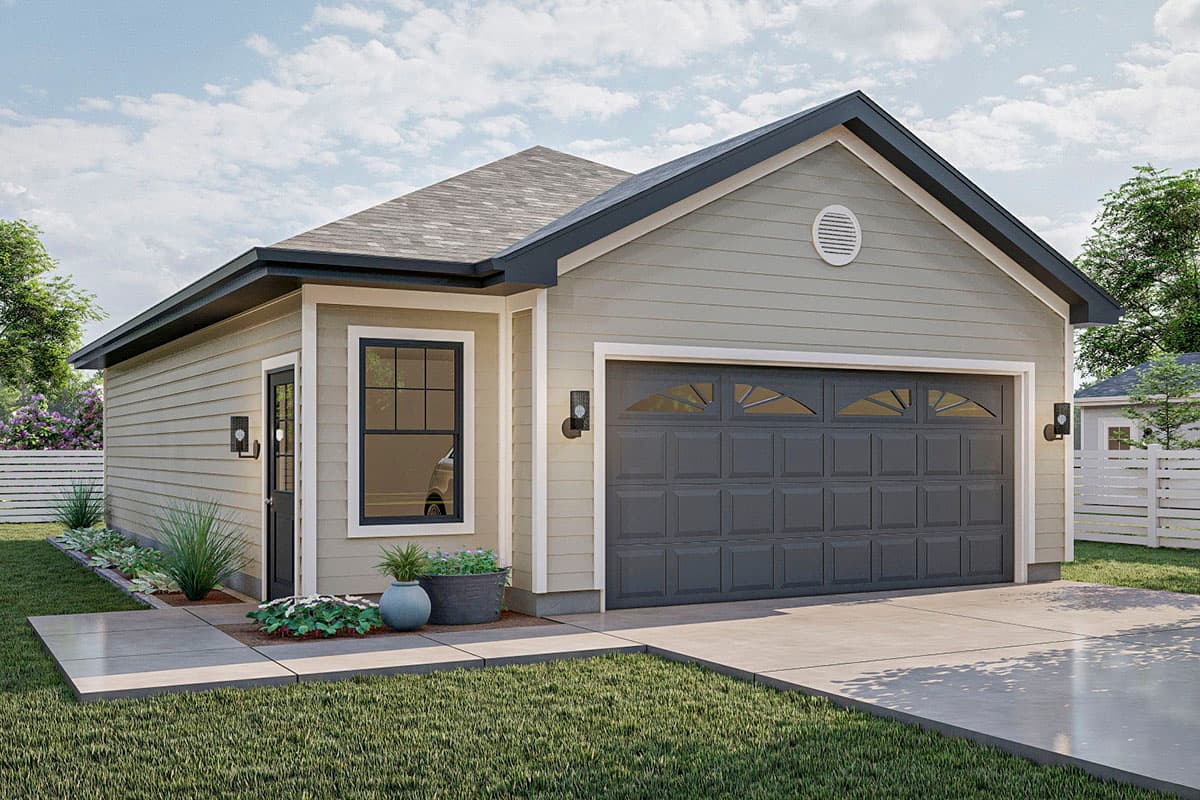 House plan exterior: Single-story Modern Farmhouse with a side-entry garage, gabled roof, and horizontal siding.