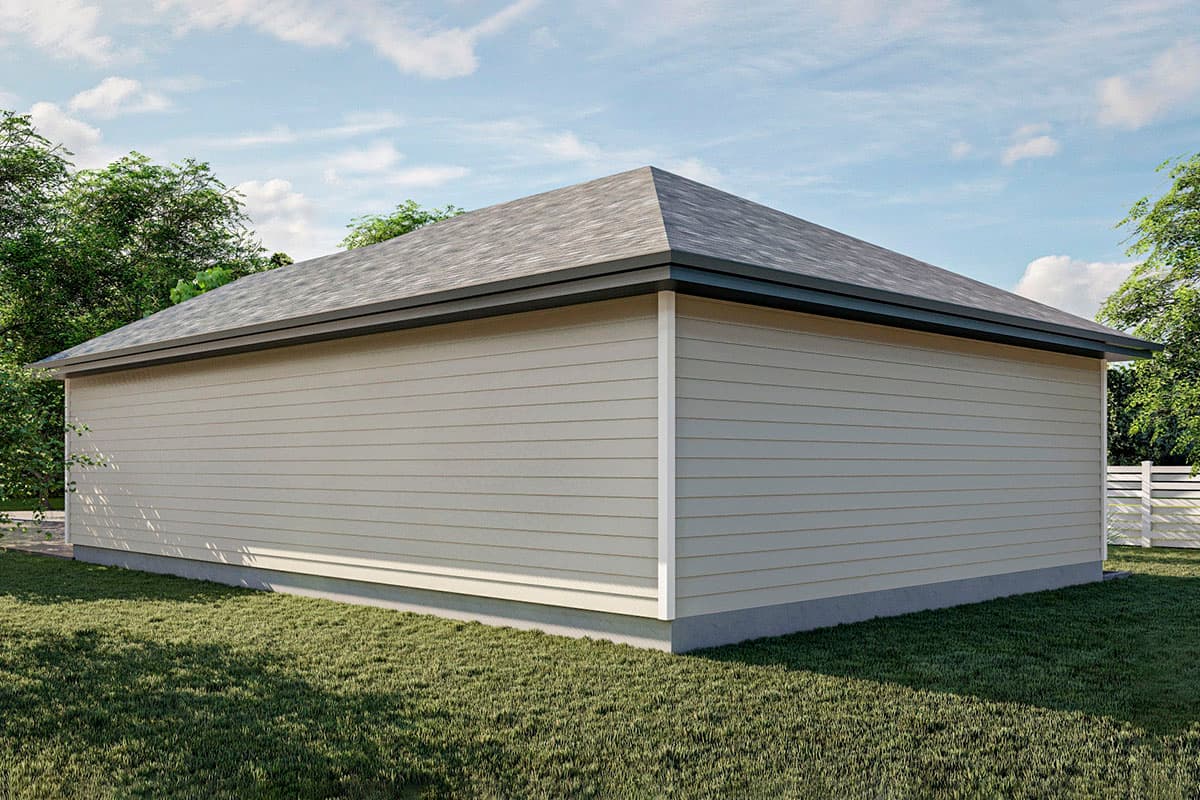 House plan exterior featuring horizontal siding, hip roof, and wide eaves. Shows side and rear elevations.
