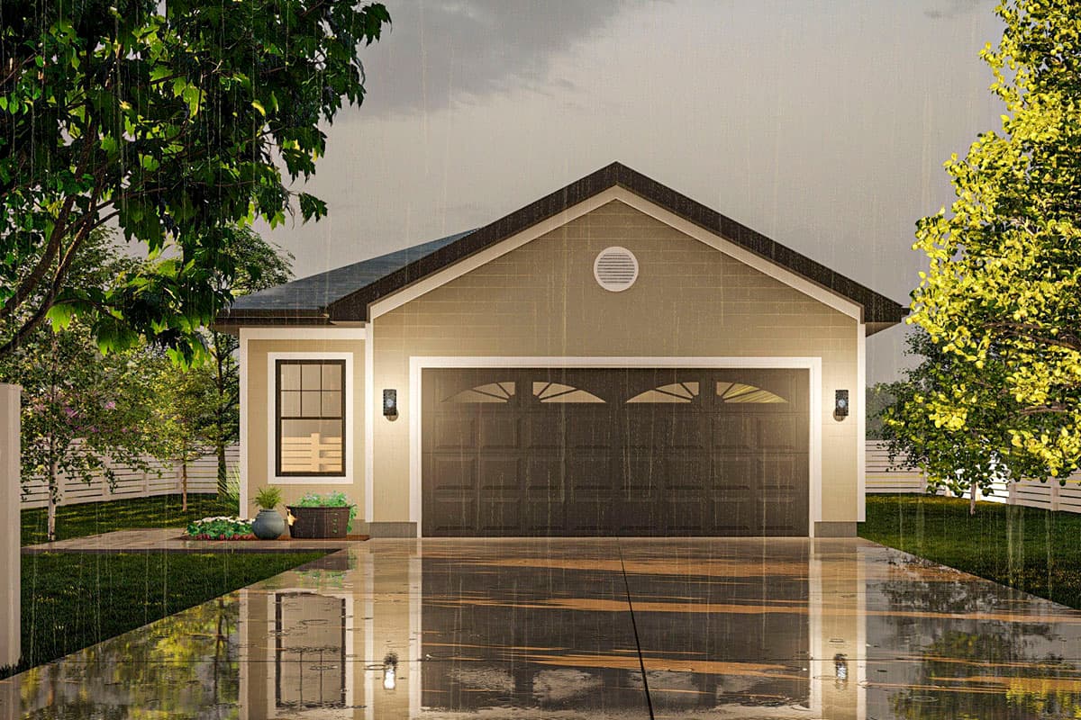 House plan exterior with a single-story frame, front-facing double garage door, gable roof, and a window.