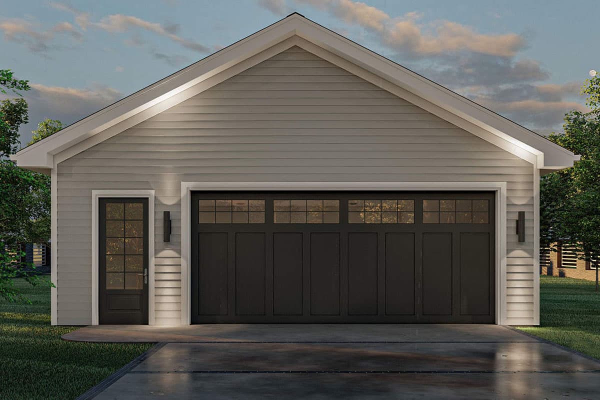 House plan exterior: Modern Farmhouse style with a prominent gable, two-car garage door, and a pedestrian door.