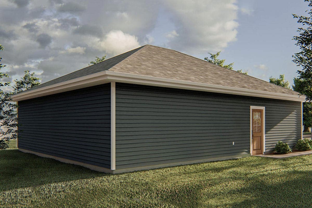 House plan exterior, single-story structure with dark gray vinyl siding, a gable roof, and one wooden door.