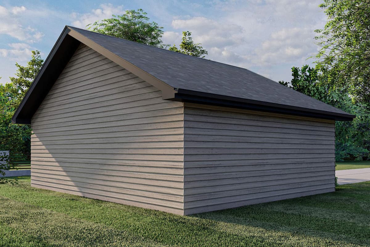 House plan exterior with horizontal siding, steeply pitched roof, and dark trim.