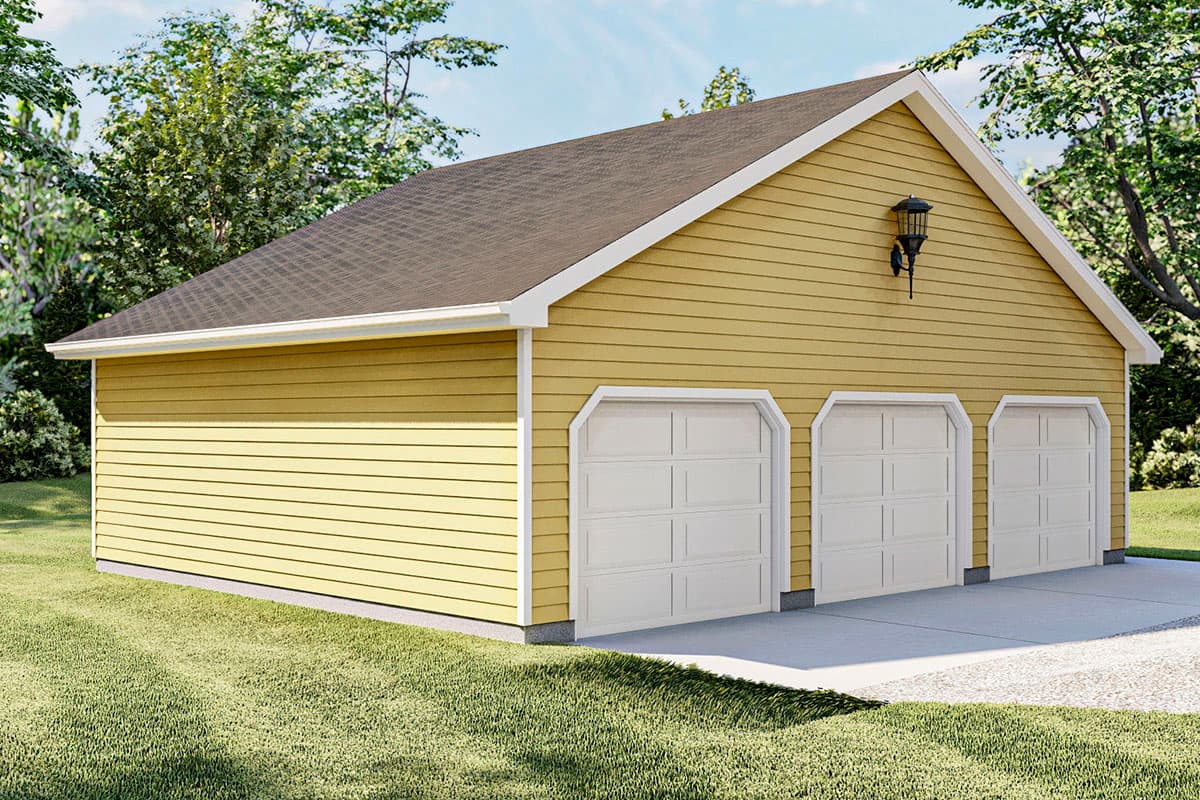 Exterior view of a one-story house plan featuring a gabled roof, yellow horizontal siding, and three white garage doors.