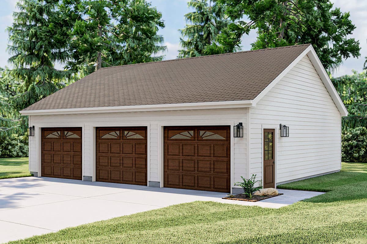 Three-car garage with dark wood doors with arched windows, white siding, and a gable roof.
