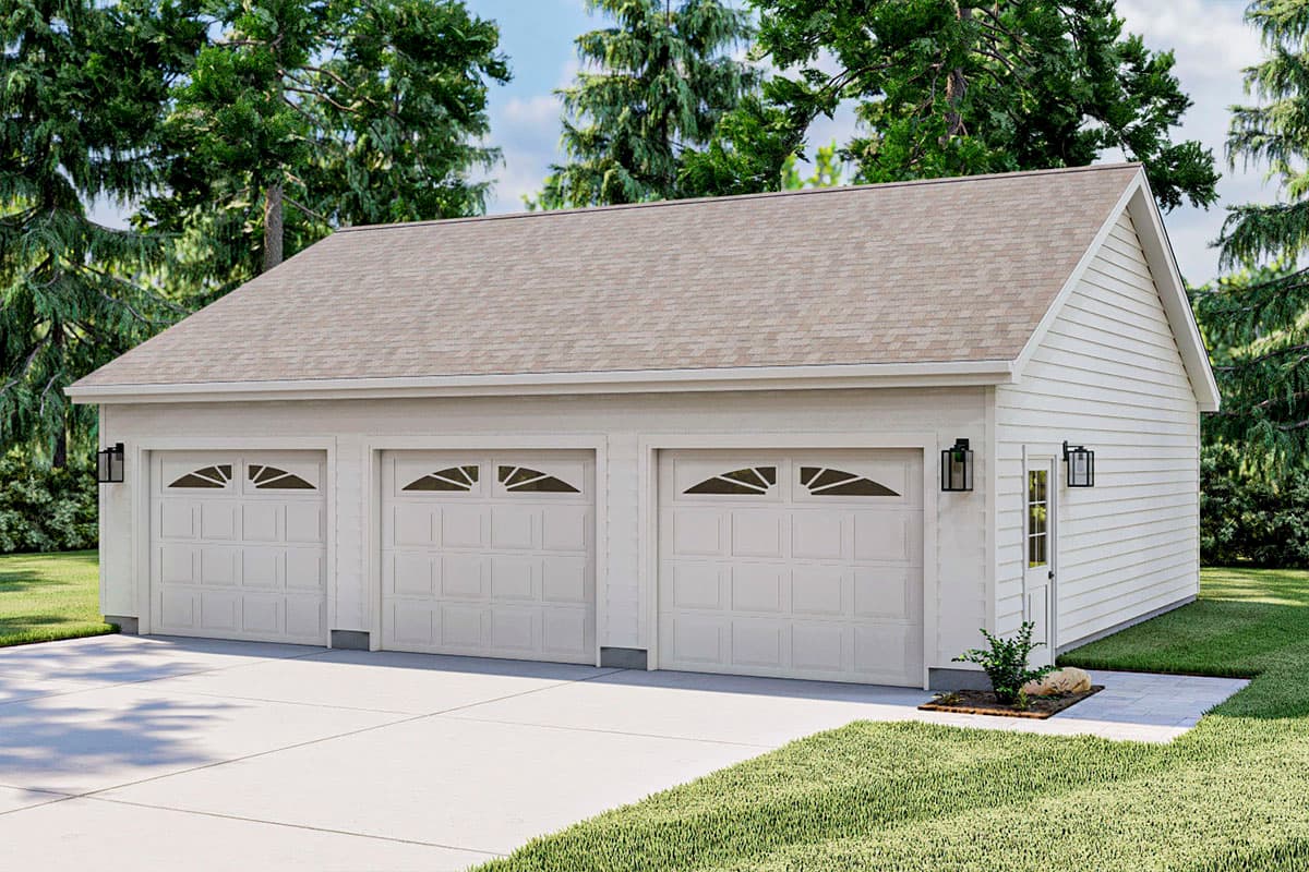 House plan exterior: Three-car garage with white paneled doors featuring decorative glass and gable roof.