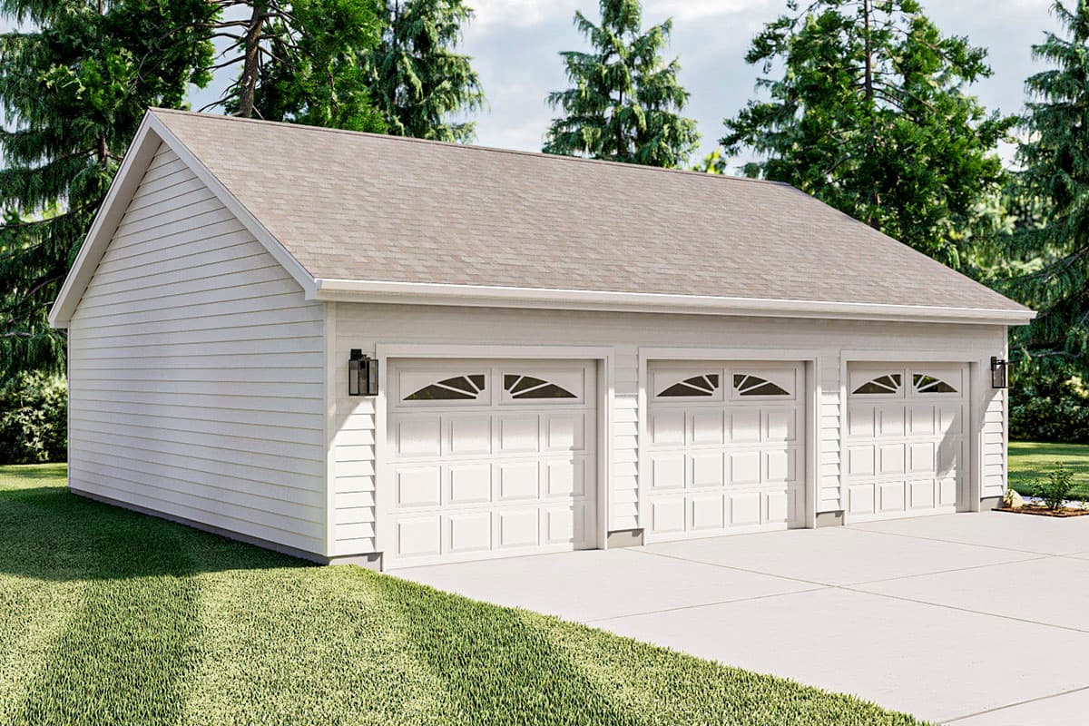 House plan exterior: One-story building with white horizontal siding and three garage doors, each with decorative windows.