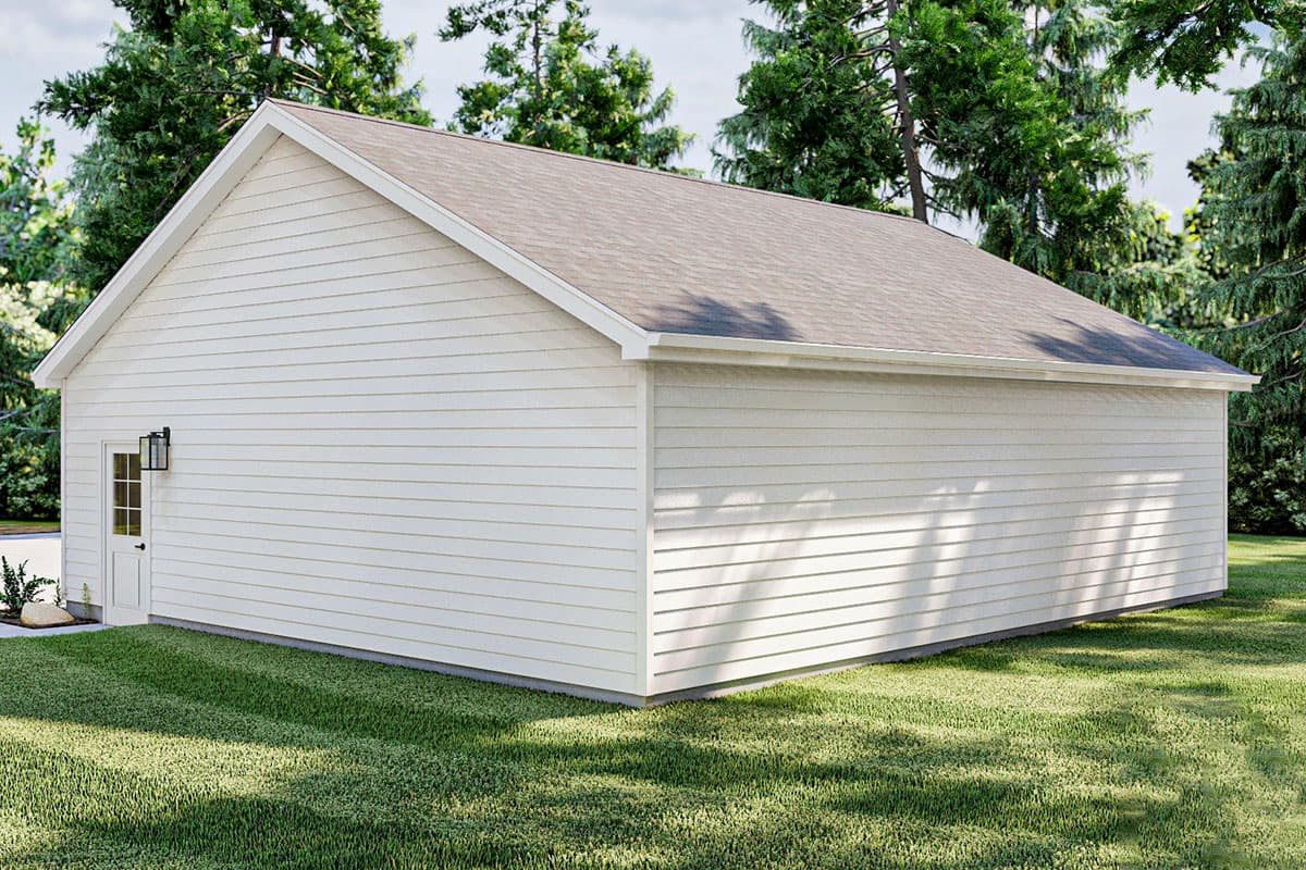 House plan exterior with white horizontal siding, gable roof, and a single entry door with a window.