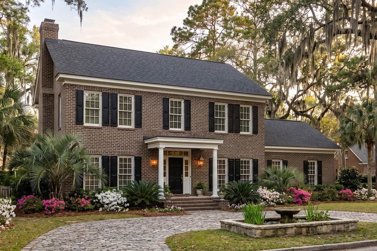 House plan exterior: Two-story brick home with a portico entrance, symmetrical fenestration, and a hip roof.