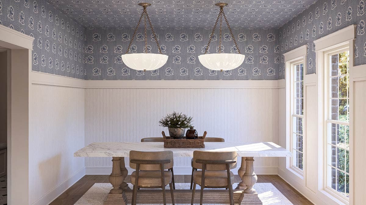 Dining room rendering with marble top table, chairs, two pendant lights, and patterned wallpaper on ceiling.