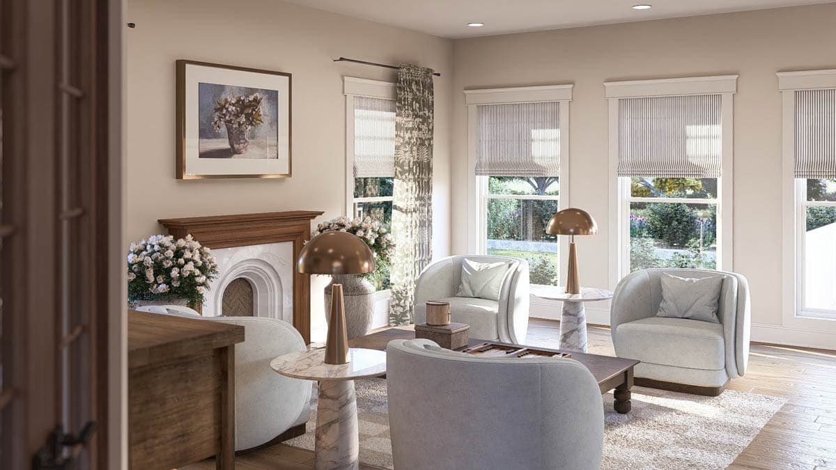 Living room rendering with fireplace, seating, and large windows overlooking a garden.