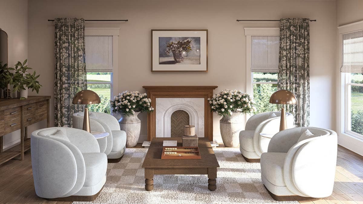 Living room with fireplace, wood mantel, marble surround, flanking urns, and plush seating.