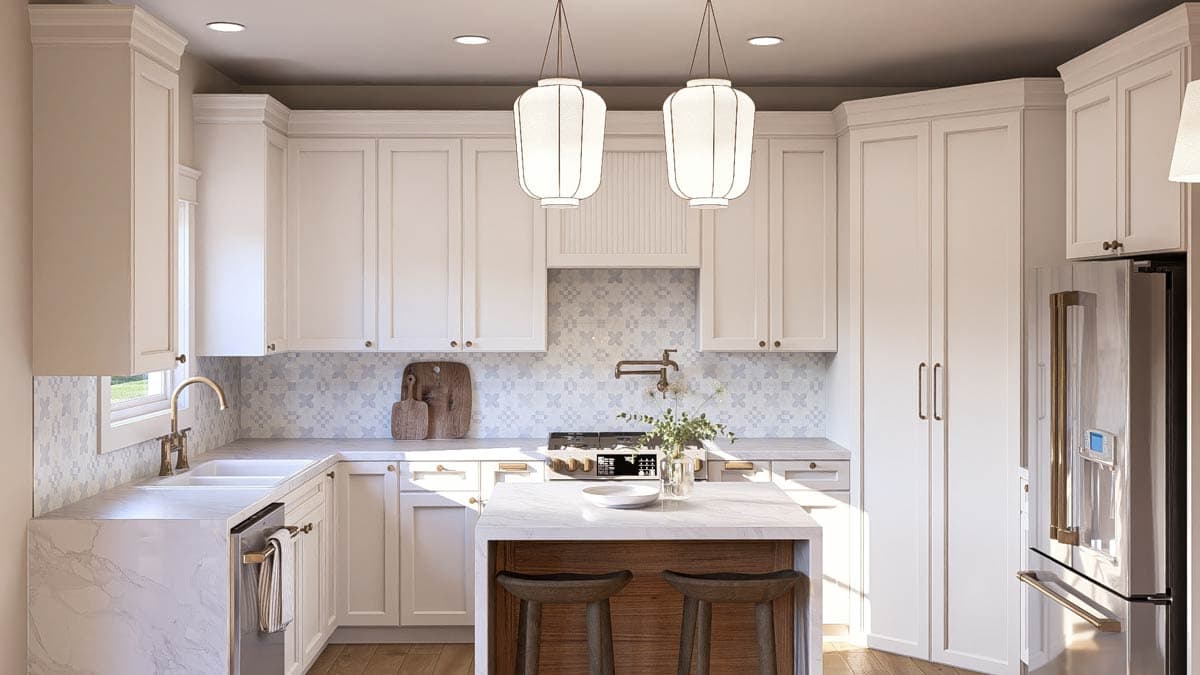 Kitchen rendering featuring white cabinets, marble countertops, island with seating, and decorative tile backsplash.