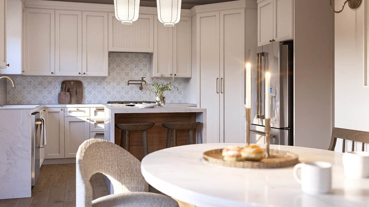 Kitchen rendering with white cabinets, island with seating, stainless steel refrigerator, and tiled backsplash.