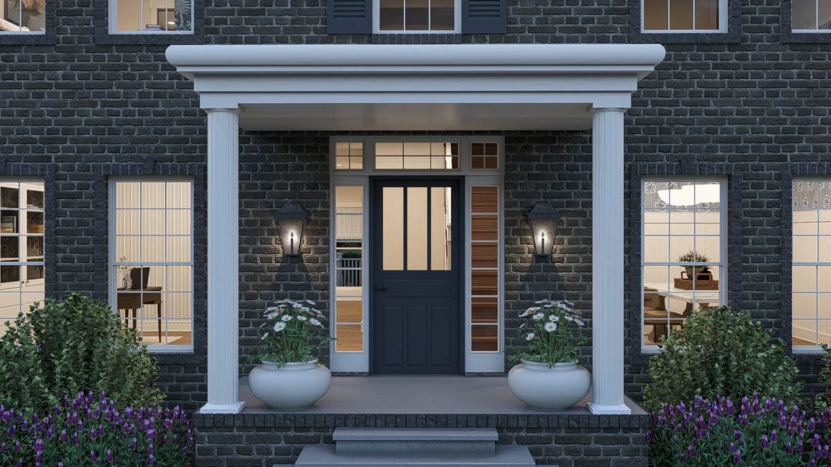House plan exterior featuring a dark brick facade, white portico with columns, and a central dark door with sidelights and transom windows.