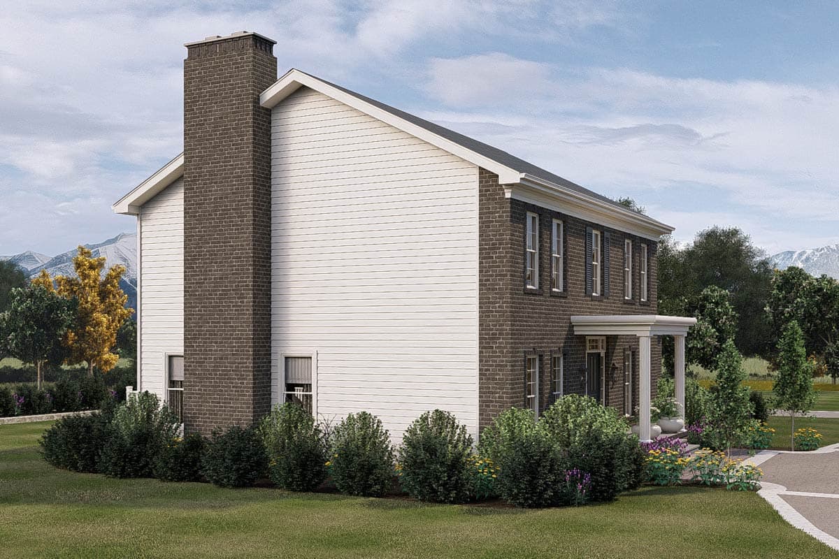 Two-story house plan exterior with brick and siding, prominent chimney, and covered front porch.