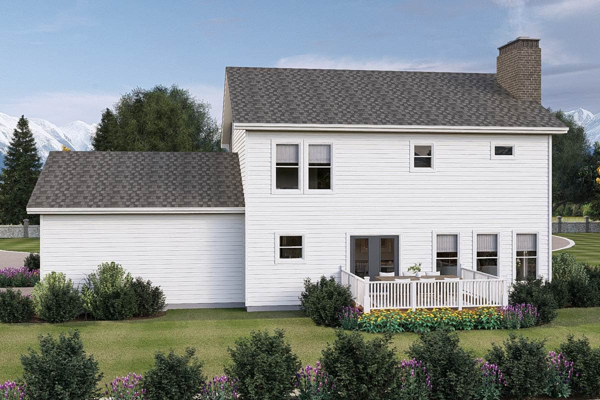 House plan exterior: Two-story white vinyl-sided home with attached garage, gable roof, deck, and brick chimney.