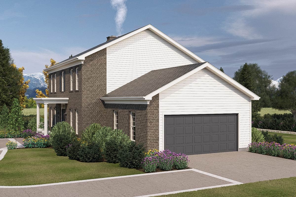 House plan exterior: two-story brick house with white siding gables, prominent front porch, and attached two-car garage.