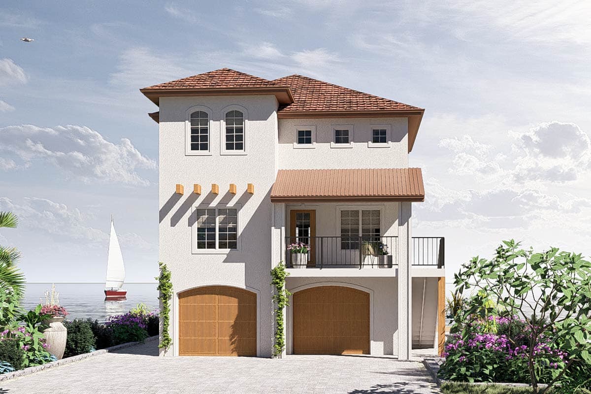 House plan exterior: Two-story Mediterranean style with arched garages, covered balcony, and tile roof.