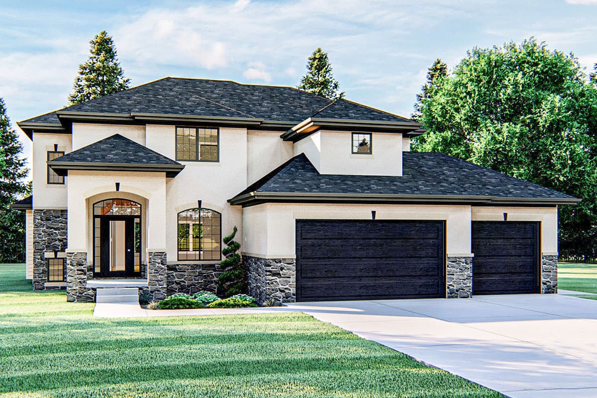 House plan exterior of a two-story home with a stucco finish, stone accents, arched entryway, and a three-car garage.
