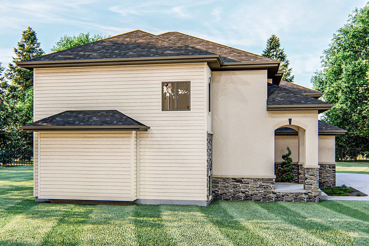House plan exterior showing a two-story home with vinyl siding, stone accents, gabled garage roof, and arched entryway.