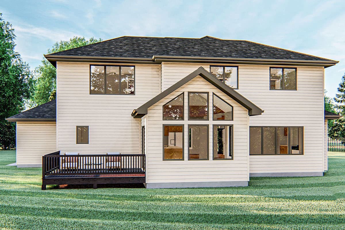 Two-story house plan exterior with siding, large gable window feature, deck, and dark roof.