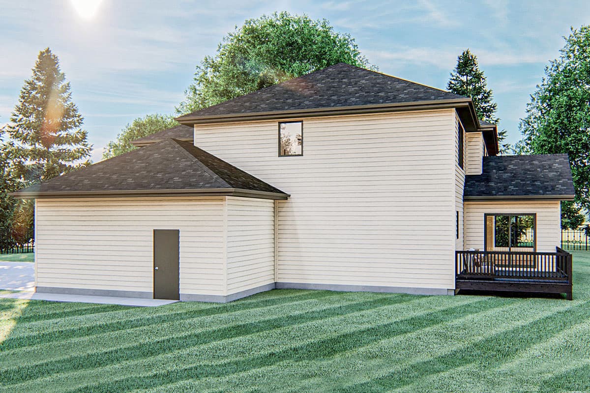 House plan exterior: Two-story home with vinyl siding, a dark-shingled roof, attached garage with side door, and a rear deck.