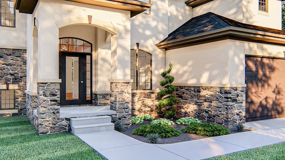 House plan exterior featuring a stucco finish, stone accents, arched entryway, double entry doors, and a garage.