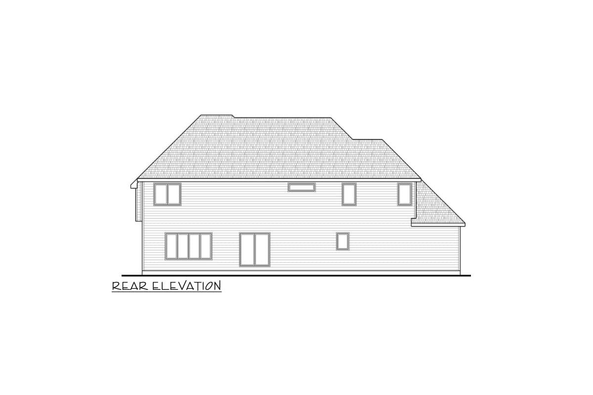 Rear elevation drawing of a two-story house with a multi-level roof, numerous windows, and horizontal siding.