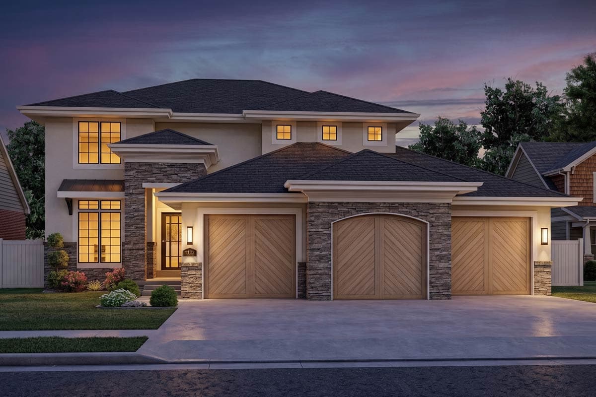 House plan exterior of a two-story home with a three-car garage, stone accents, and multiple gables.