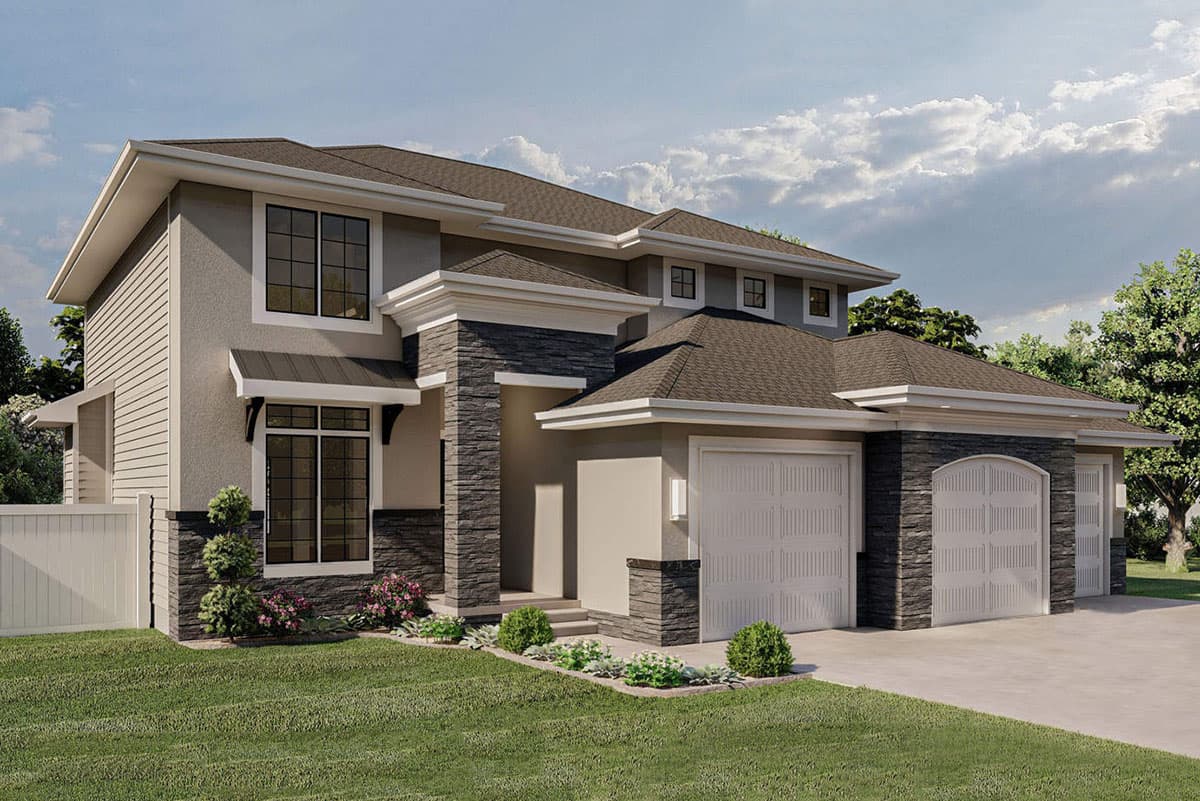 House plan exterior: Two-story contemporary home with stucco and stone facade, multiple gables, and a three-car garage.