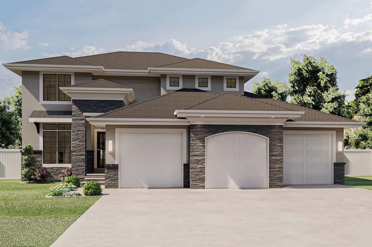 House plan exterior of a two-story home with a three-car garage, stone accents, and multiple gables.