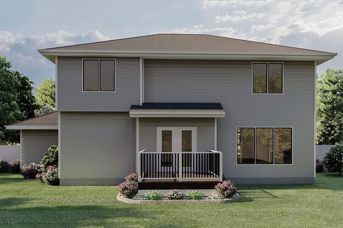 House plan exterior: Two-story home with siding, hip roof, covered porch with double doors and black railing, and varied window sizes.