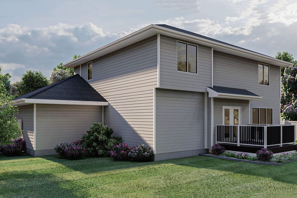 Two-story house plan exterior with vinyl siding, a gabled garage door, and a dark deck with railing.