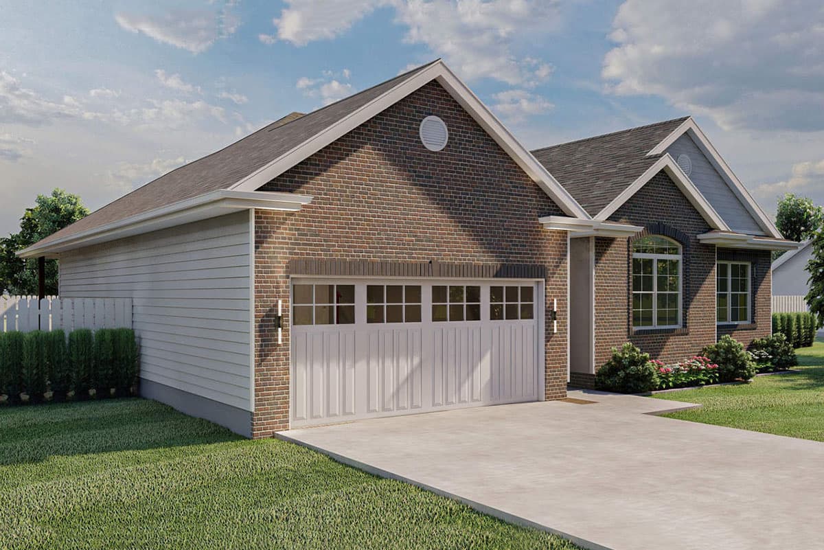 House plan exterior: Brick and siding two-story with attached garage, gabled rooflines, and decorative vent.