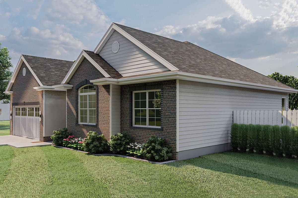 House plan exterior: One-story home with brick and vinyl siding, gabled roof, and attached garage.