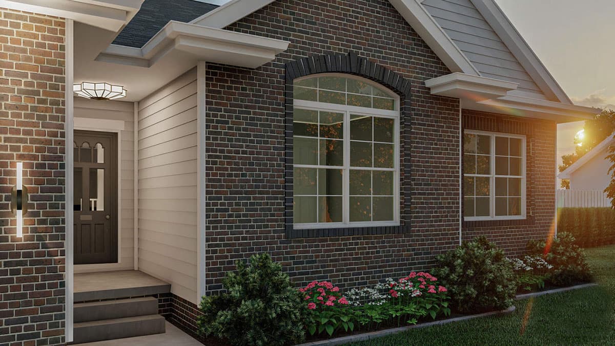 House plan exterior with dark brick, siding, front steps, arched window, and gable rooflines.