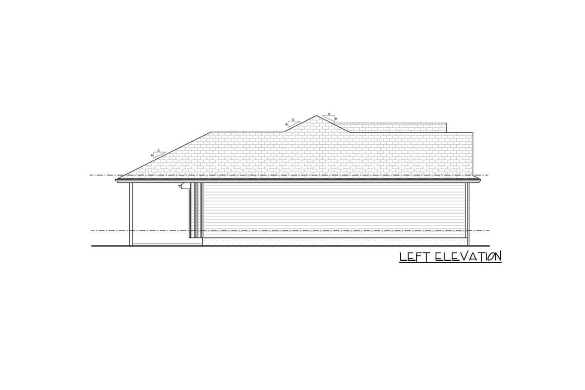 Left elevation drawing of a house plan showing a gabled roof, porch, and horizontal siding.
