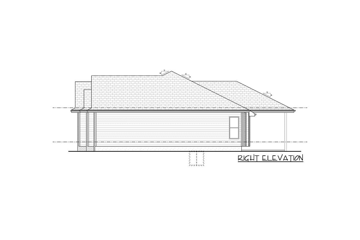 Right elevation of a house plan showing vinyl siding, gabled roof, and covered porch.