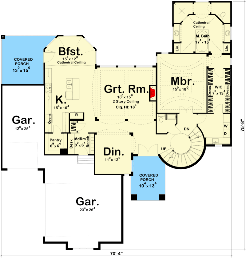 Plan 62493DJ: 5-Bed House Plan with Elegant Spiral Stair - Floor Plan - Main Level - European, Mediterranean