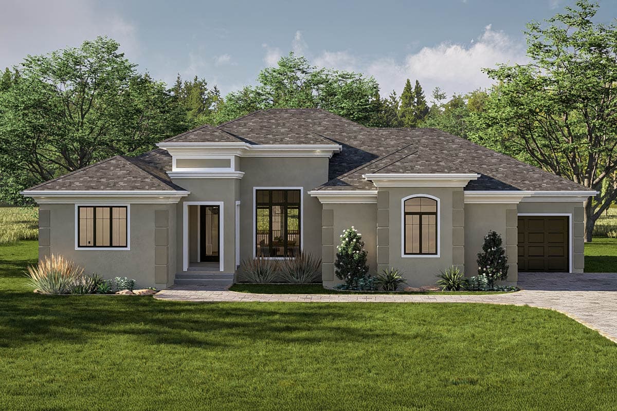 House plan exterior with stucco facade. Features include a low-pitched roof, decorative trim, multiple gables, and an attached garage.