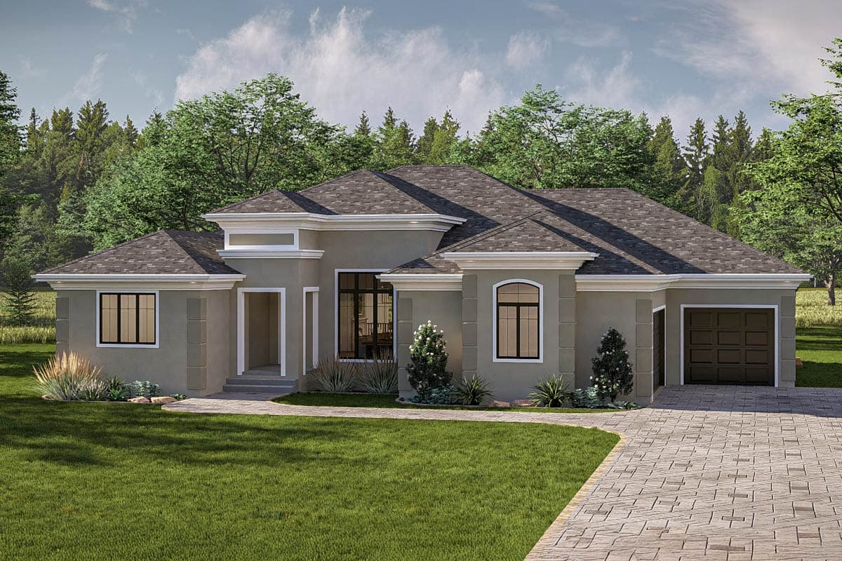 House plan exterior: One-story home with stucco walls, hip roof, arched window, and attached two-car garage.