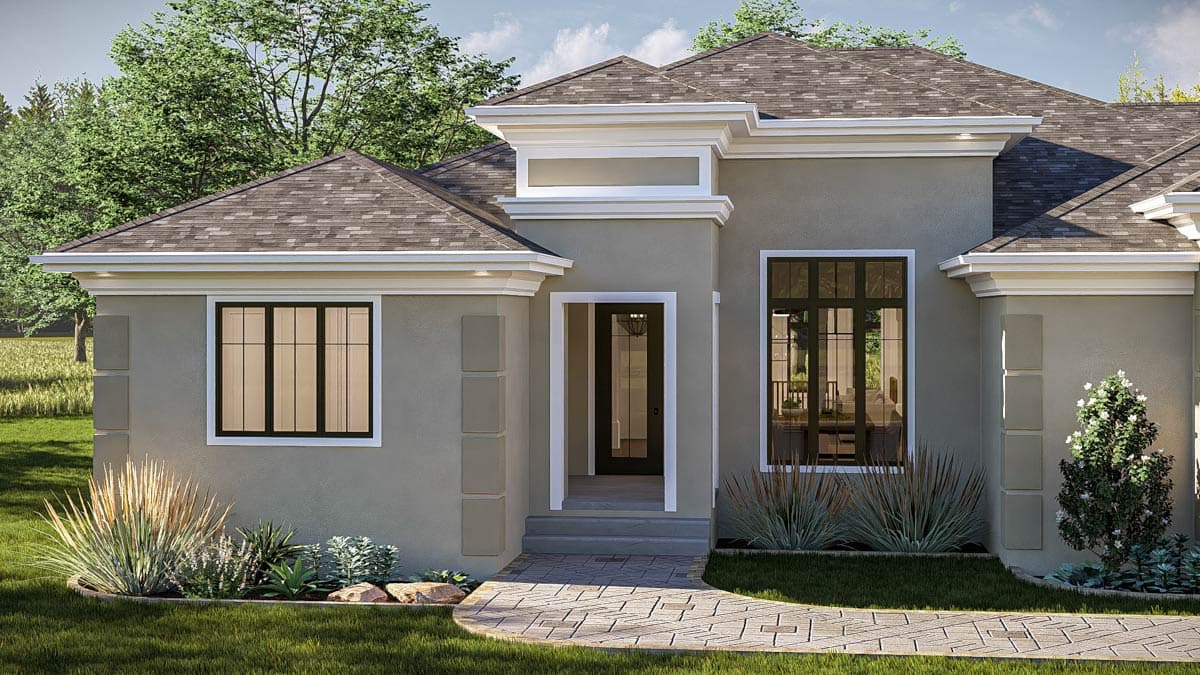 House plan exterior rendering shows a single-story modern home with stucco walls, hip roof, large windows, and a covered entryway.