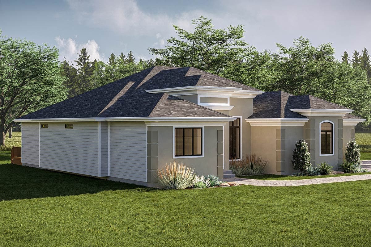 House plan exterior of a one-story home with a mix of stucco and siding, multiple gables, and an arched window.