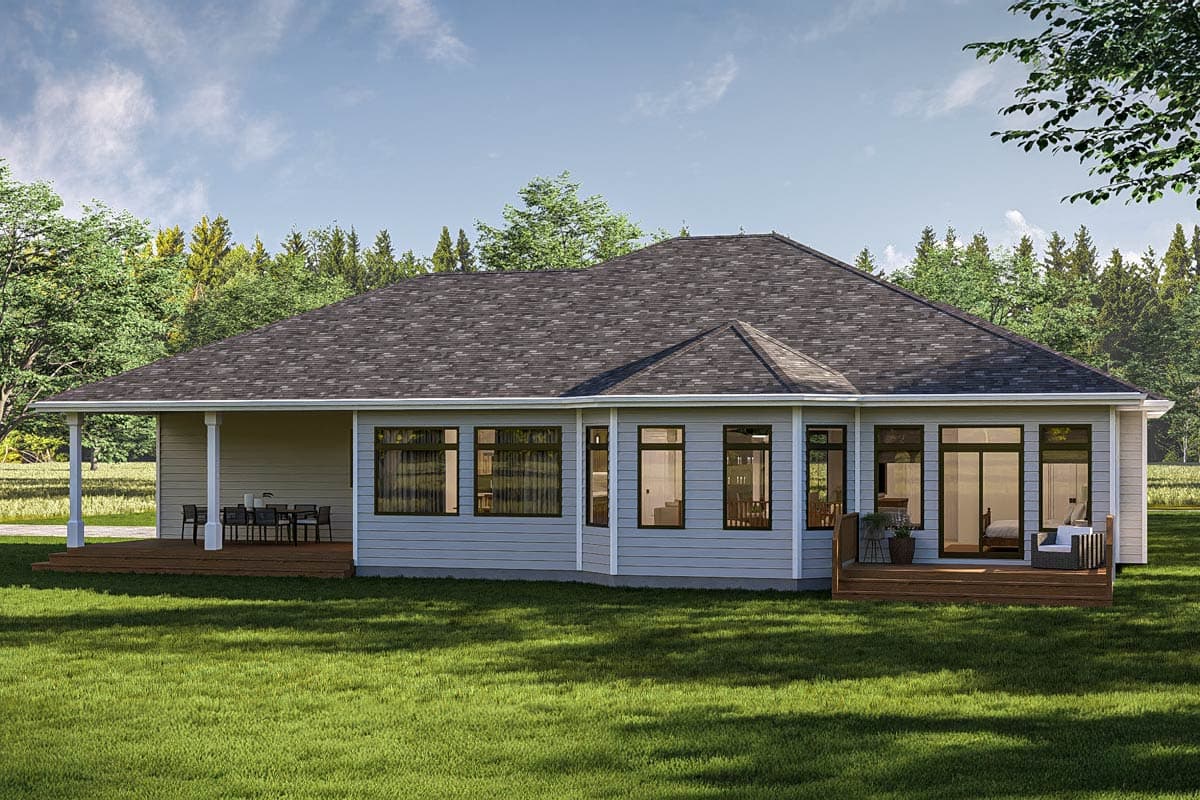House plan exterior: One-story home with covered porch, deck, and large windows.