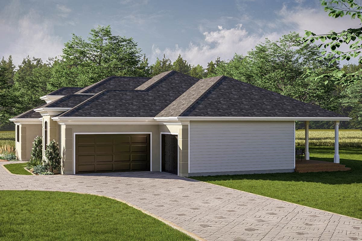 House plan exterior: Single-story home with a 3-car garage, multiple gables, and a covered rear porch.