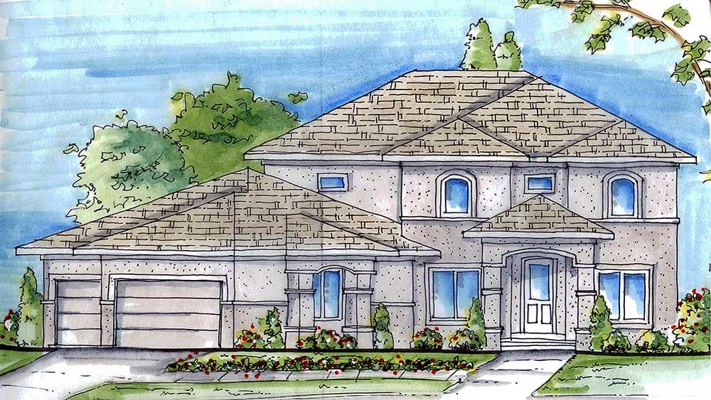 House plan exterior: Two-story home with a gabled roof, arched entryway, and attached two-car garage.