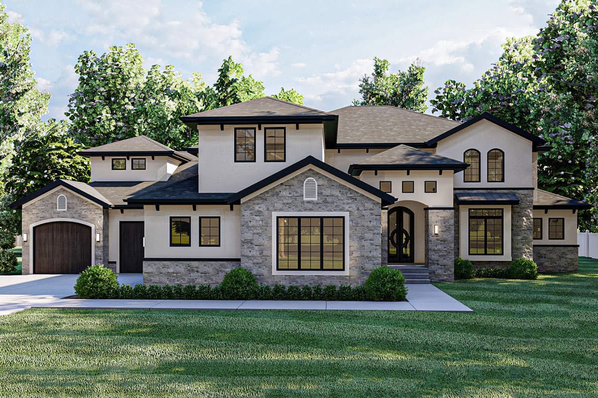 House plan exterior: Multi-story home with stone accents, dark-framed windows, prominent gables, and a detached garage.