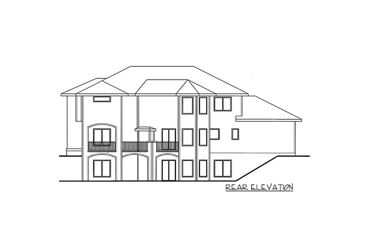 Rear elevation drawing of a house plan with multiple stories, balconies, and numerous windows.