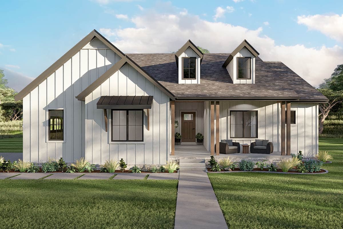 Modern Farmhouse house plan exterior with board-and-batten siding, covered porch, gable dormers, and metal awnings.